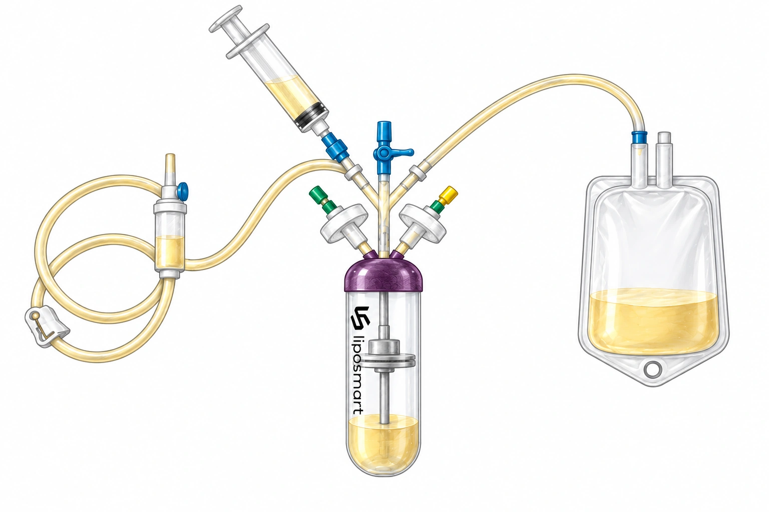 Augment 275 mL system illustration with purple-topped chamber, two tissue filters, syringe, bag and washing line