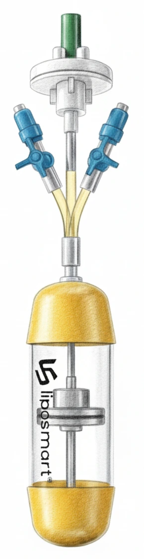 Original Liposmart Boost 60 mL product drawing with processing chamber, filter and connectors