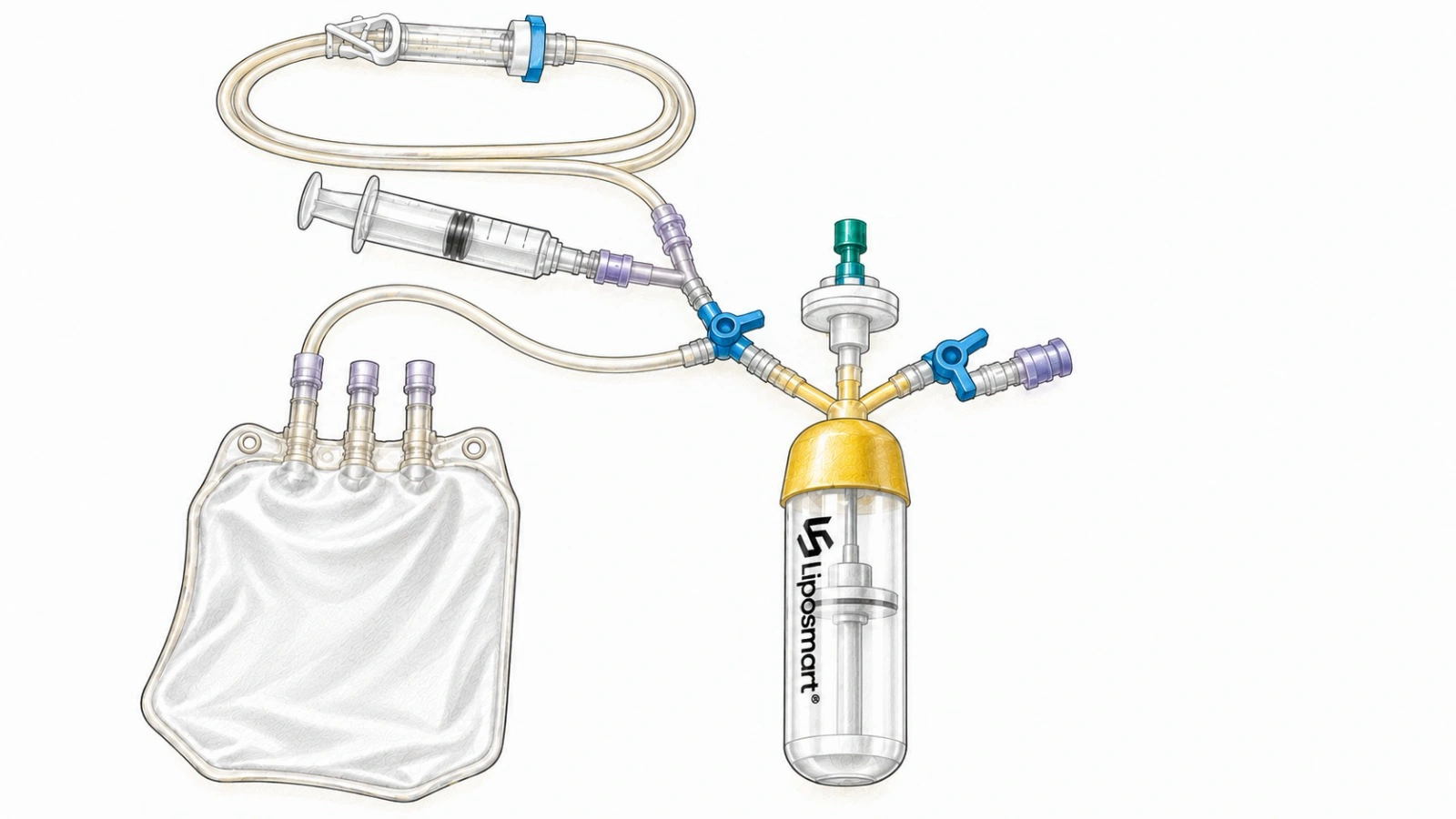 Boost 60 mL system illustration with processing chamber, bag, syringe and connected tubing
