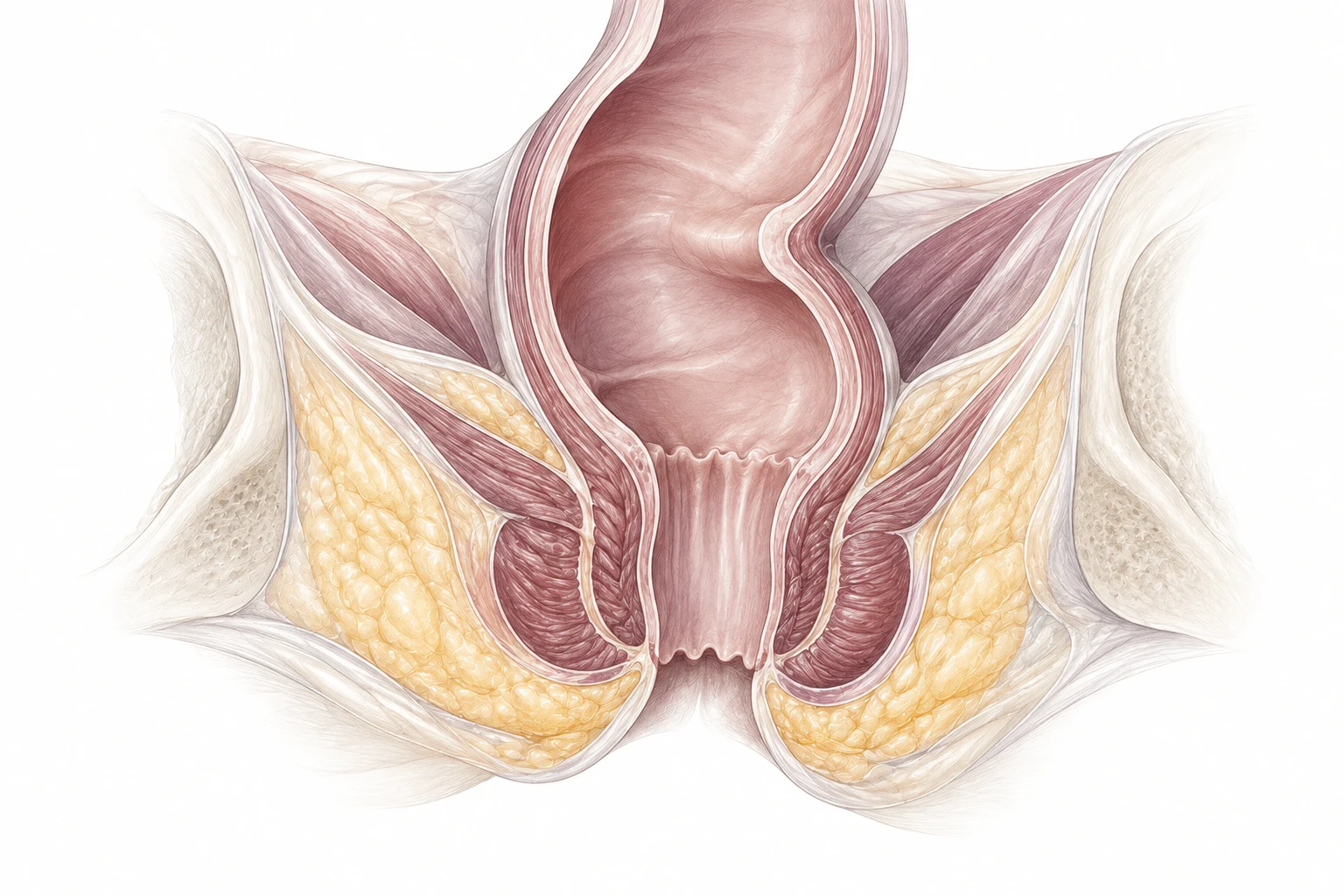 Conceptual lower rectal and sphincter anatomy with surrounding soft tissue and adipose compartments