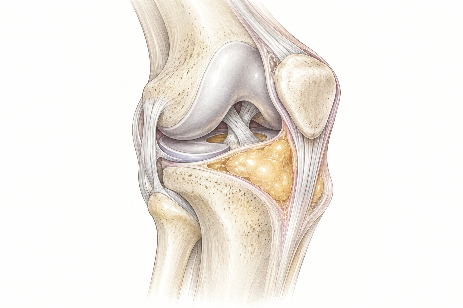 Conceptual knee cutaway showing joint surfaces, supporting structures and an infrapatellar fat pad