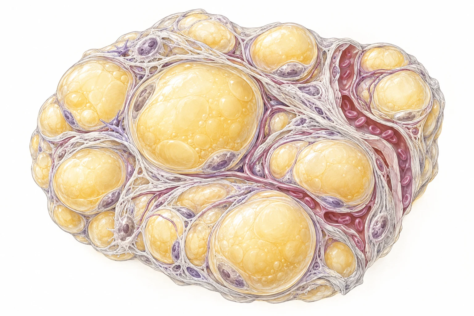 Conceptual adipose tissue microenvironment with adipocytes, connective matrix and small vessels