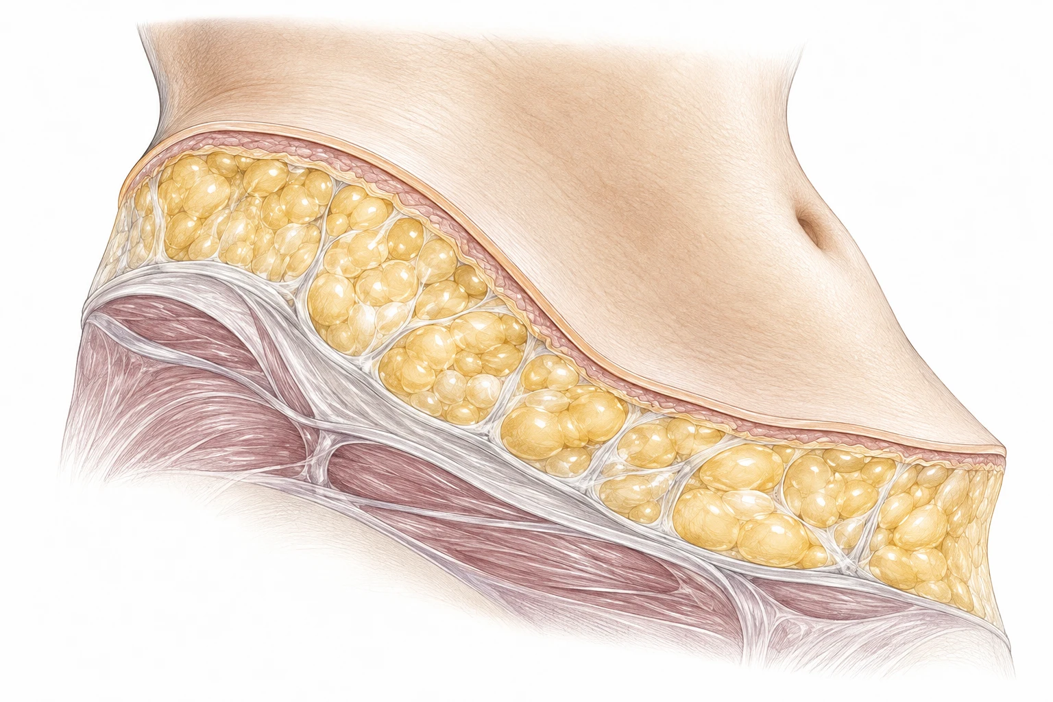 Conceptual soft-tissue cutaway showing skin, adipose lobules, fascia and muscle