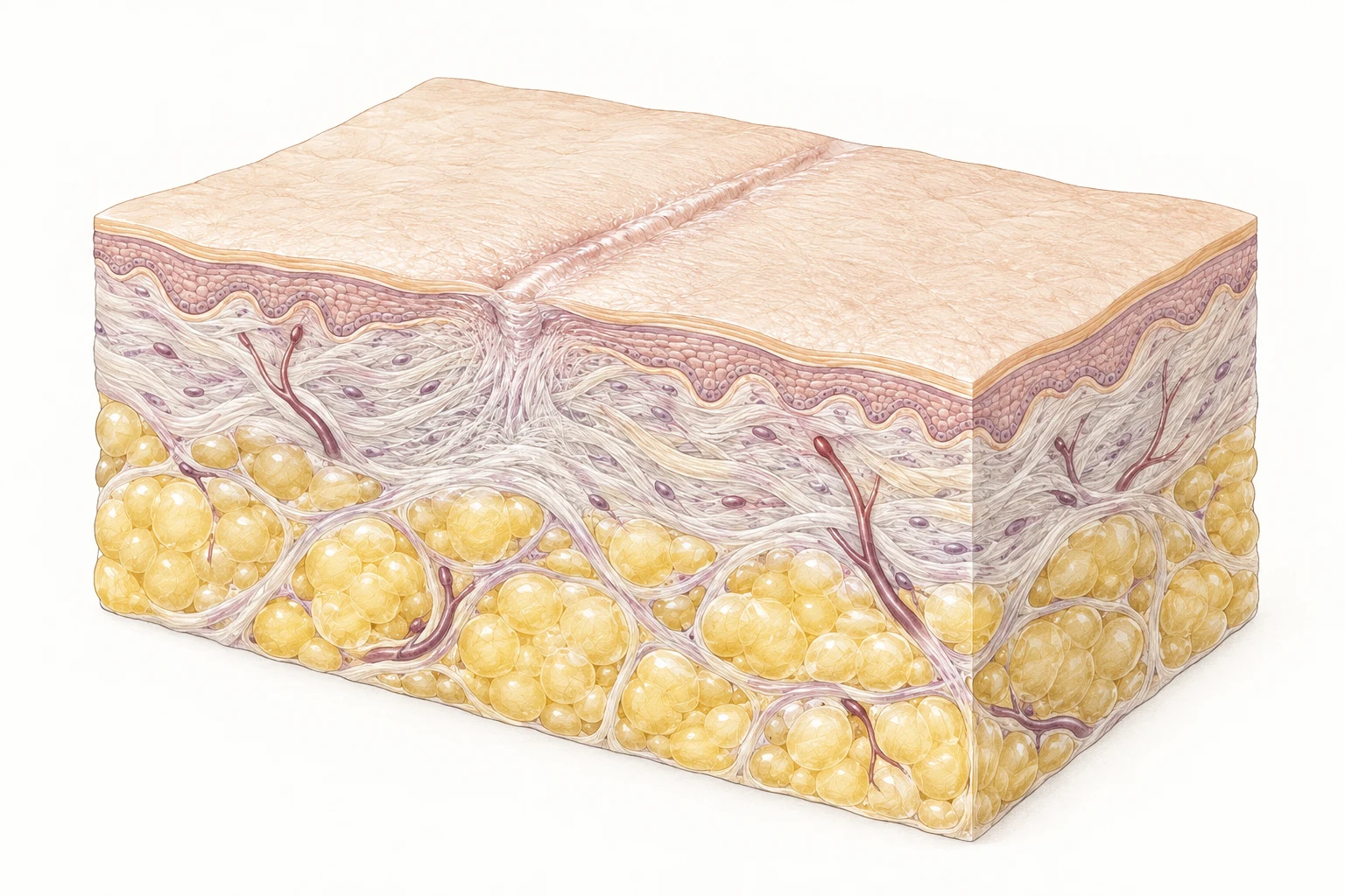 Conceptual skin cross-section with a mature linear scar, connective tissue and underlying adipose tissue