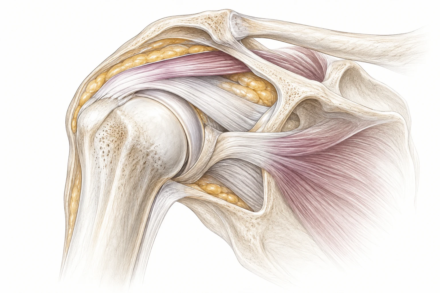 Conceptual shoulder illustration showing the humeral head, scapula and rotator-cuff region