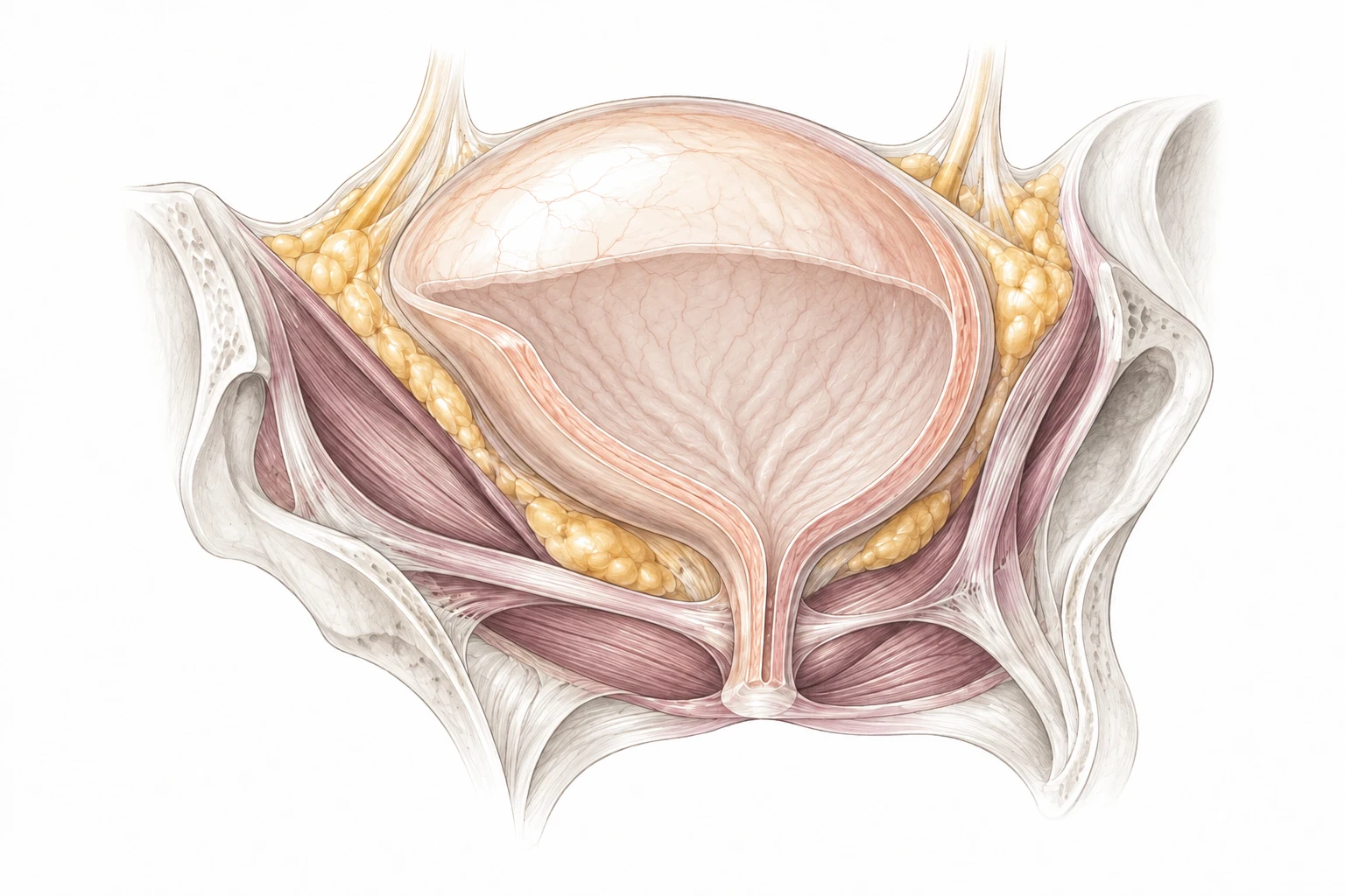 Conceptual bladder, urethra and pelvic supporting tissues, with surrounding adipose compartments