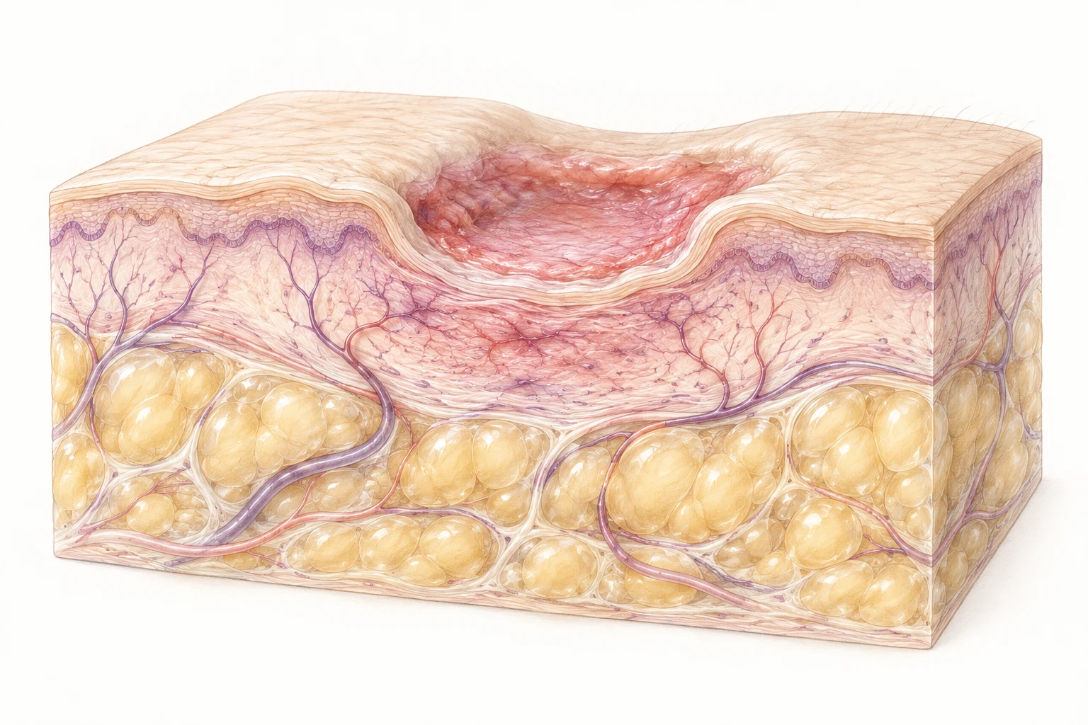 Conceptual non-graphic wound cross-section showing skin layers, microvessels and subcutaneous adipose tissue