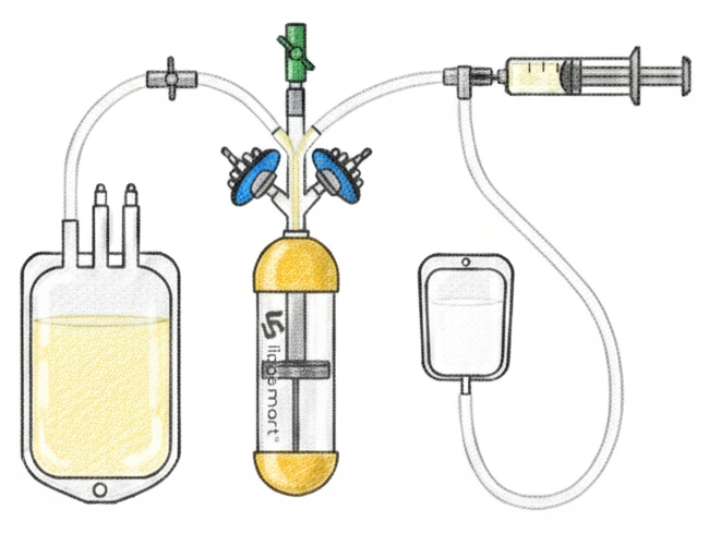 Original Liposmart 120 mL system illustration showing processing chamber, tubing, collection bag and syringe connection