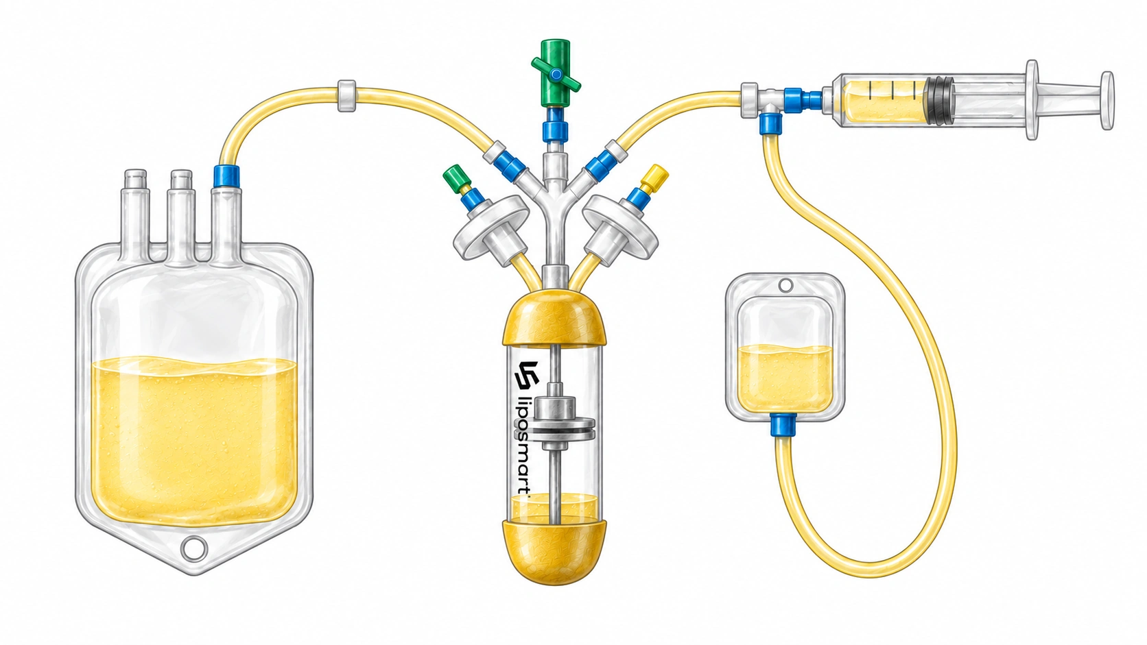 UFAT 120 mL system illustration with gold-ended chamber, two tissue filters, bags, syringe and tubing